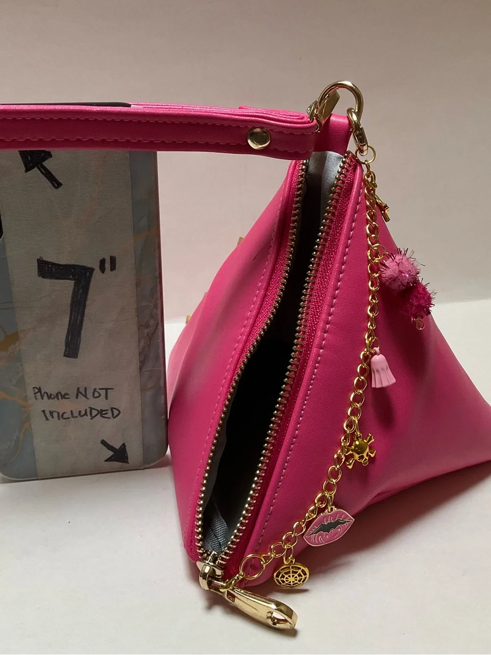 Synthetic leather triangle Hot Pink Wristlet Clutch Gold Spike Summerween Charms